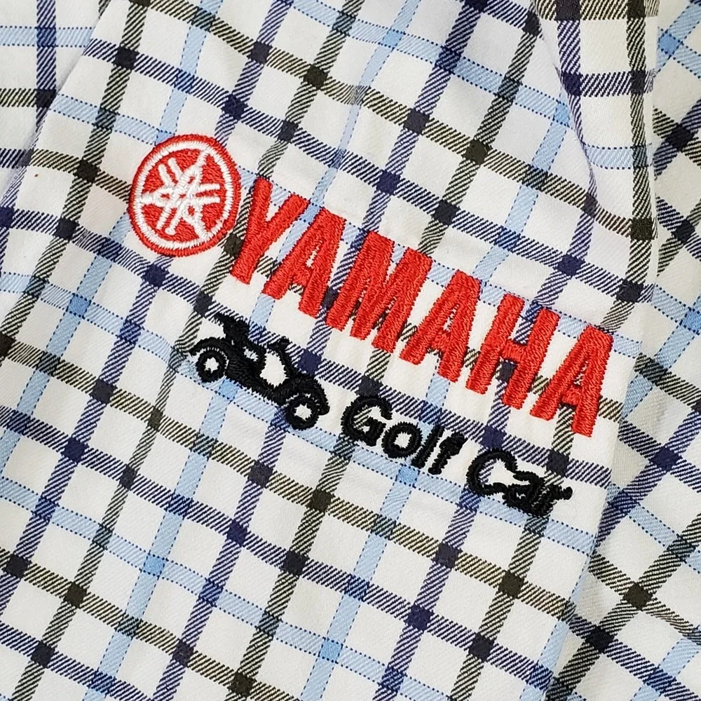 Peter Millar Yamaha Golf Button Down Shirt Mens Medium Blue‎ Plaid Stretch